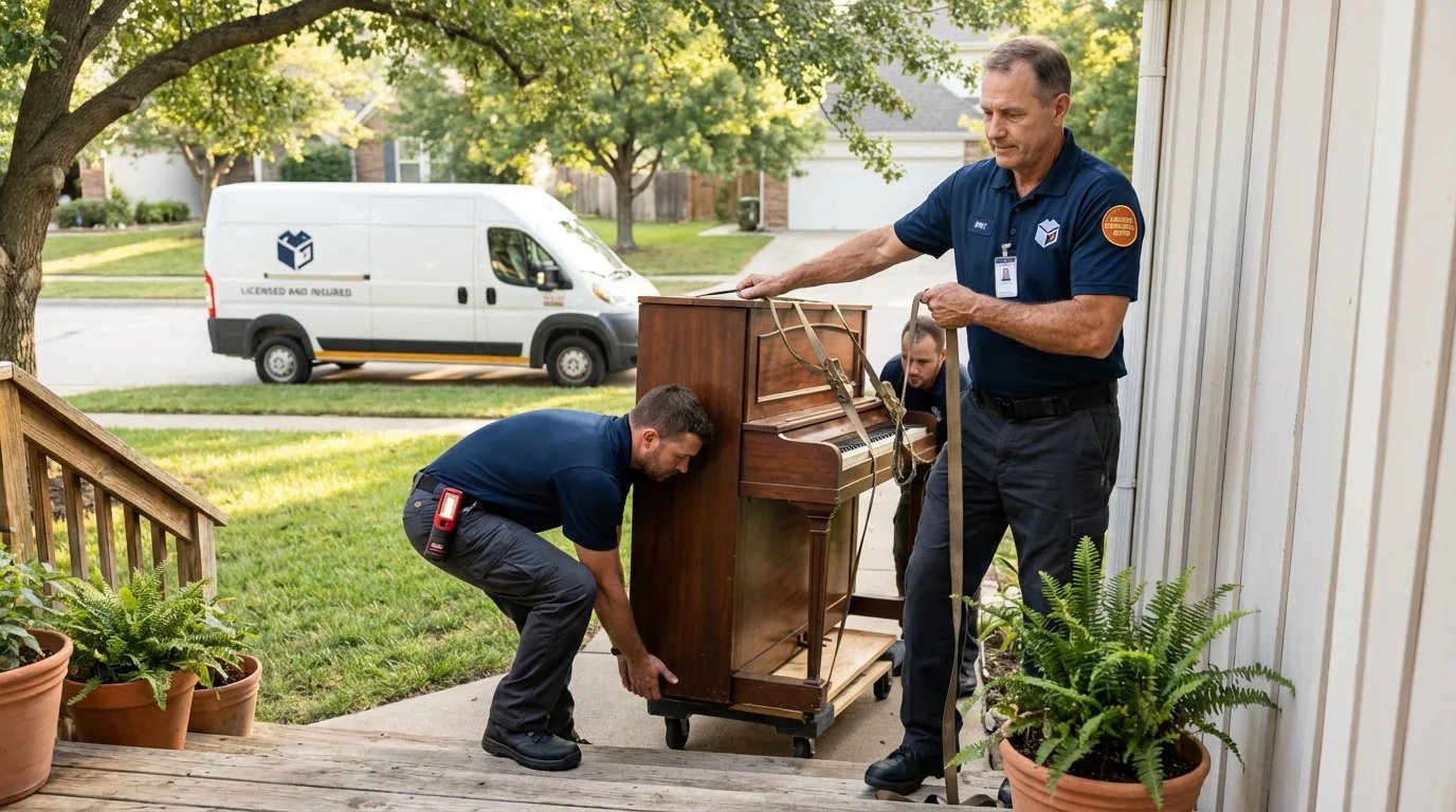 Licensed piano movers securing grand piano in Willacoochee, GA