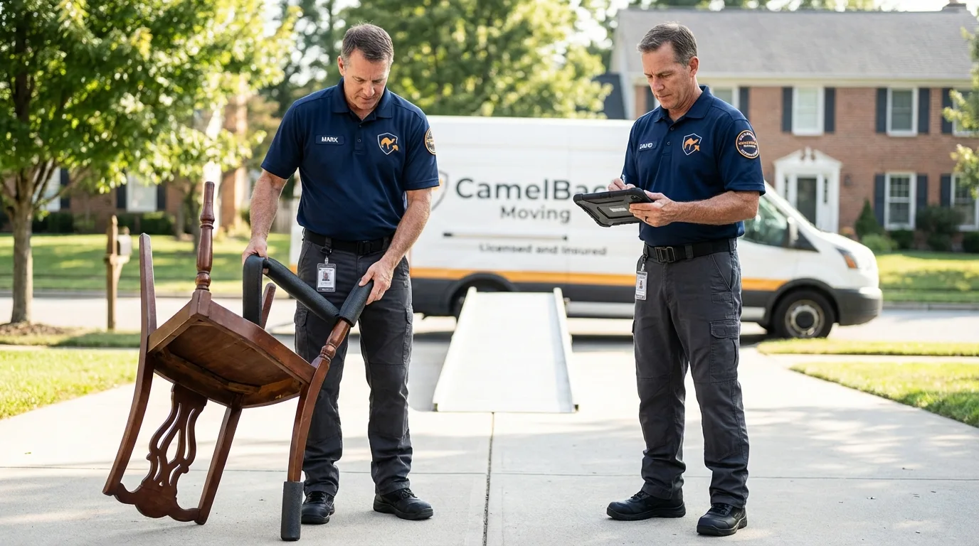 Movers inspecting furniture for damage prevention before loading in Willacoochee, GA