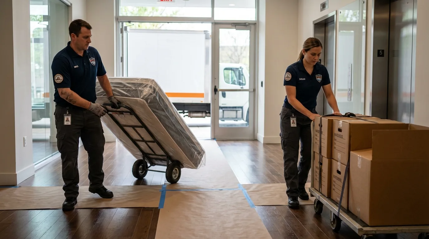 Professional apartment movers loading elevator in Willacoochee, GA